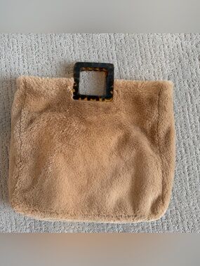 Faux Shearling Tote with Tortoiseshell Square Handle - Camel